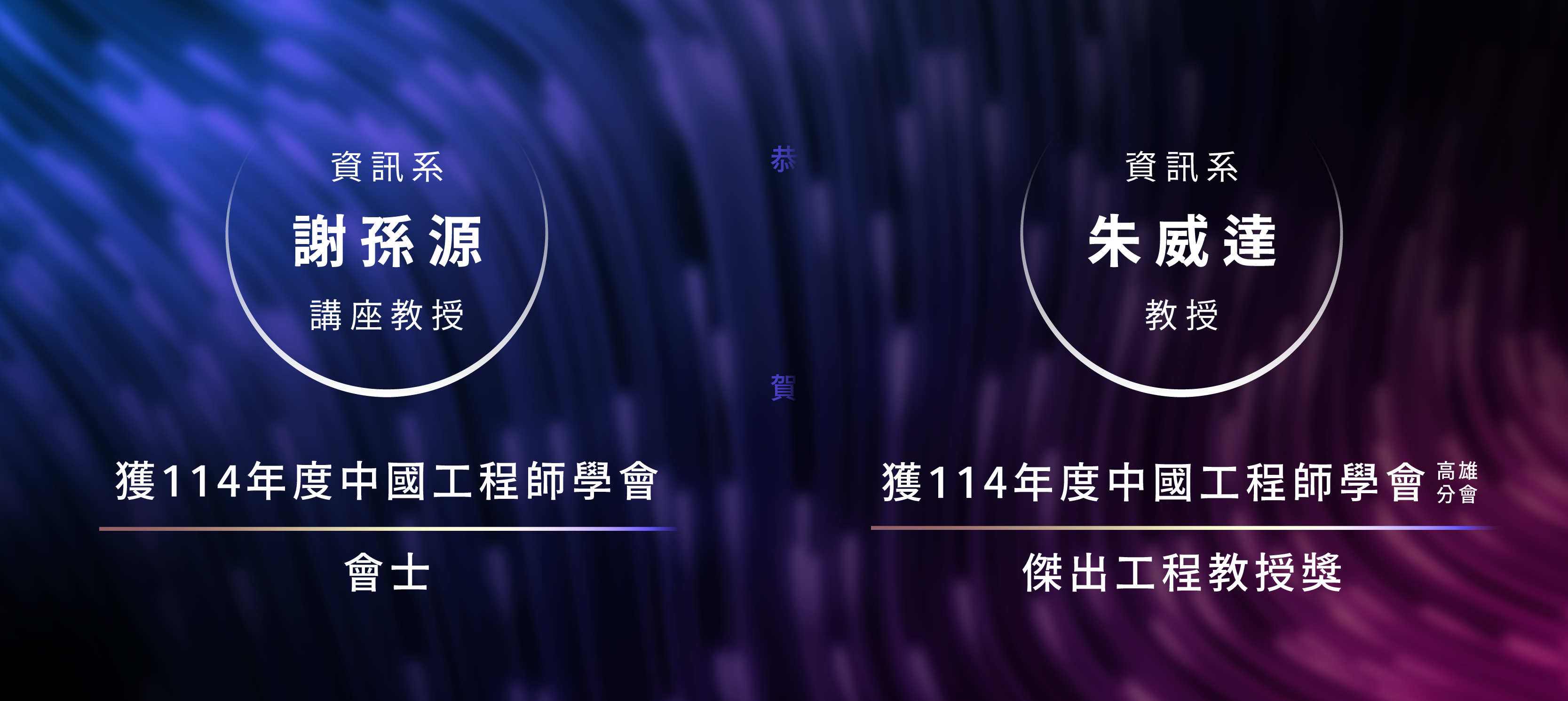 賀本院資訊系謝孫源講座教授獲中國工程師學會會士、資訊系朱威達教授獲中國工程師學會高雄分會傑出工程教授獎